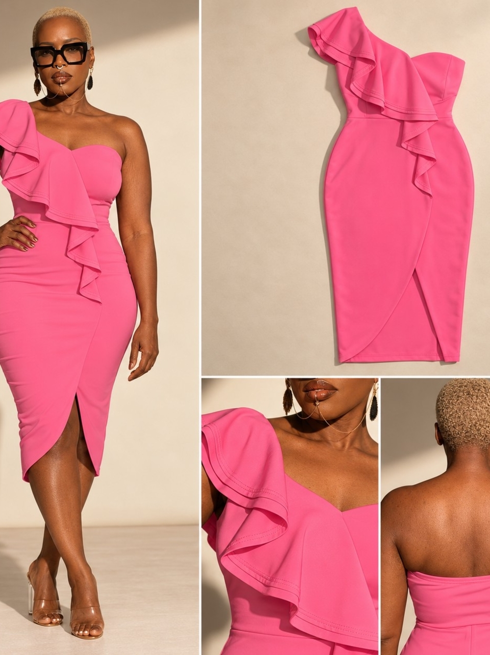 One-Shoulder Ruffle Midi Dress in Hot Pink